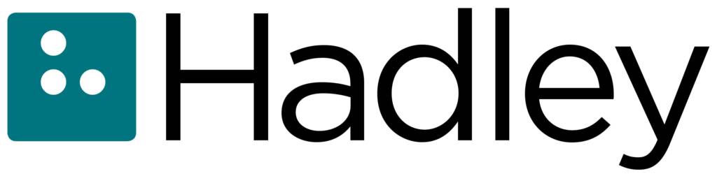 Hadley logo with a teal square that has the braille letter "h".