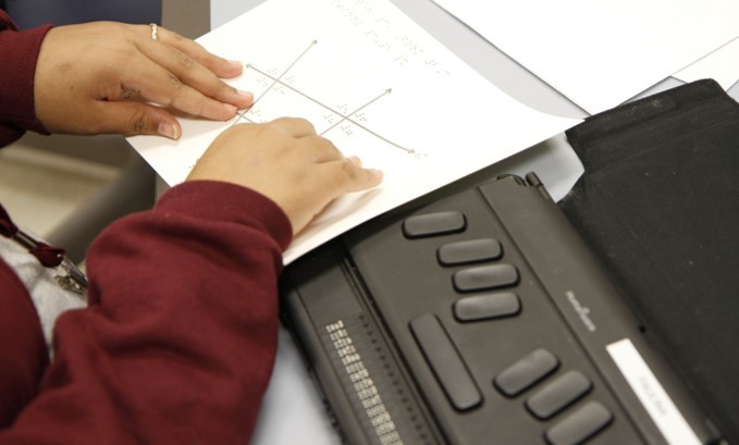 digital math photo with a student reading it in braille