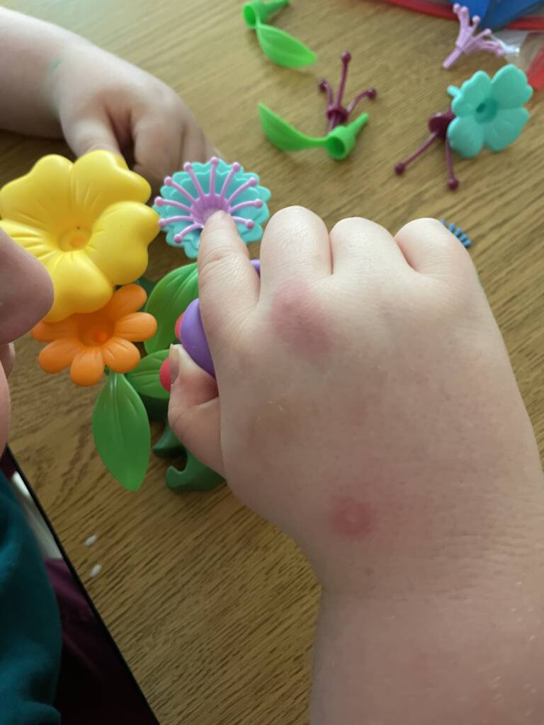 Student touching the parts of a plastic flower.