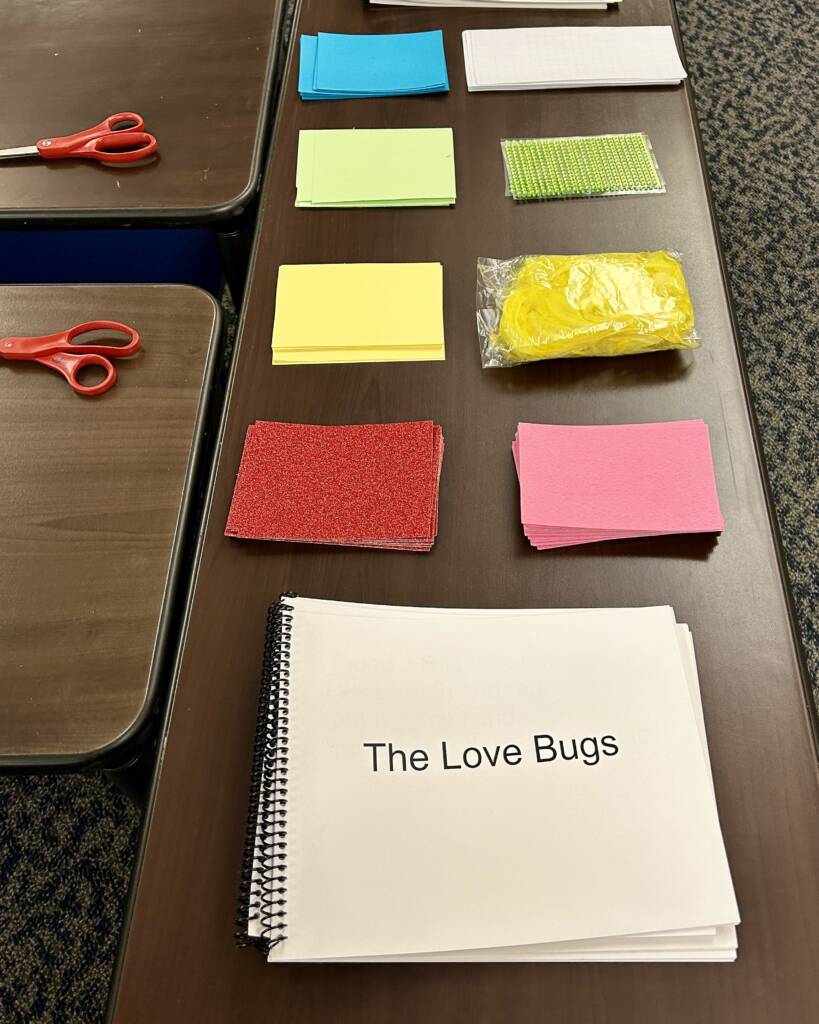 Materials table for the Love Bugs books to assemble.