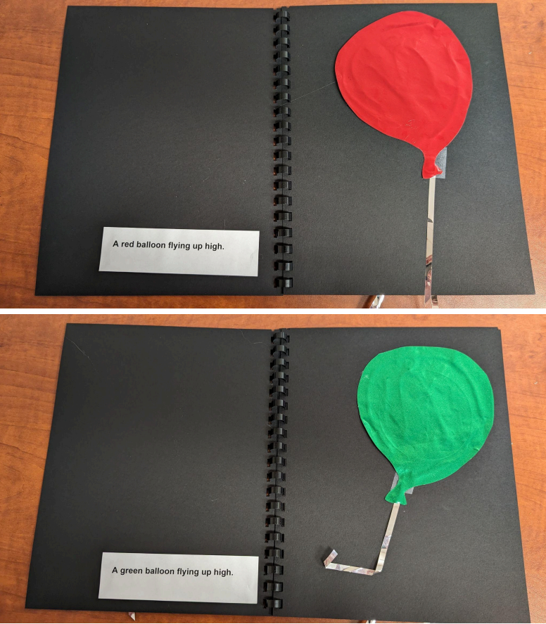 Two pages of the balloon book. One with a balloon that says, "A red balloon flying up high." One that says, "A green balloon flying up high." 