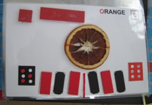 Tactile representation of braillewriter keyboard for the letter "o", with example of "orange"