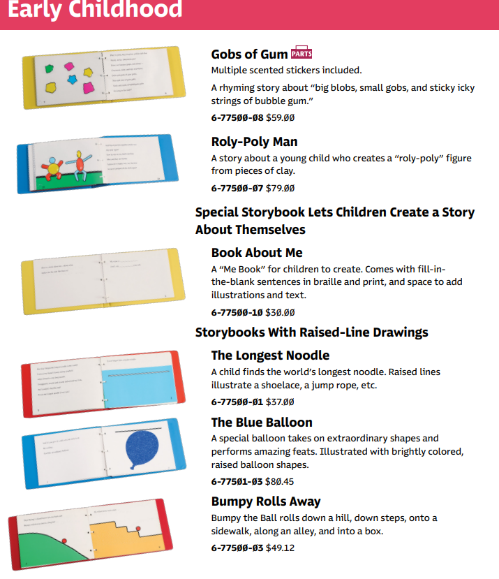 A page from the APH catalog that shows some early childhood books in large print and braille.