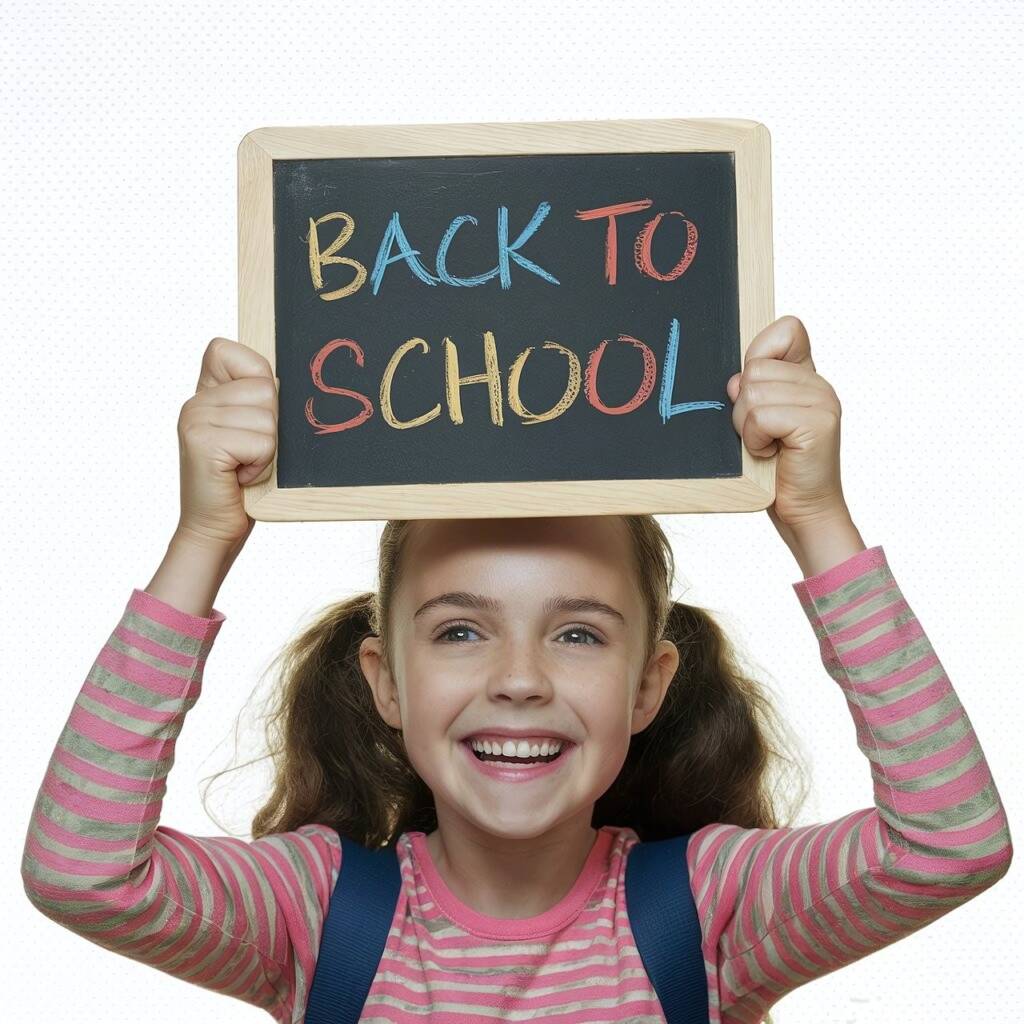 Back to school written on a small chalkboard being held up by a student.