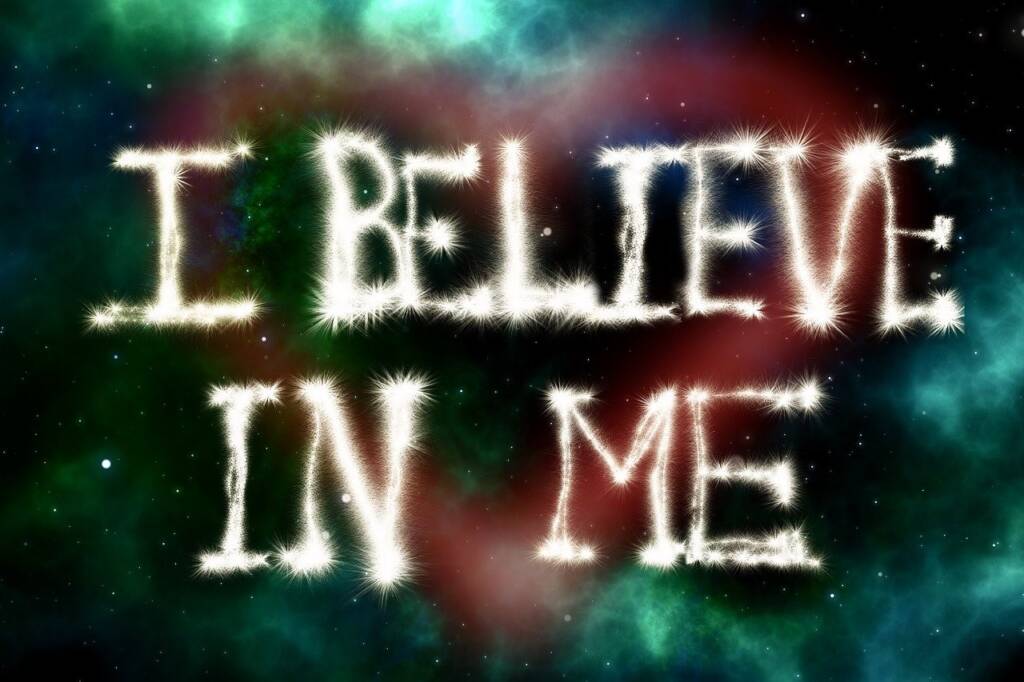 I Believe in me written in the sky that looks like outer space. 