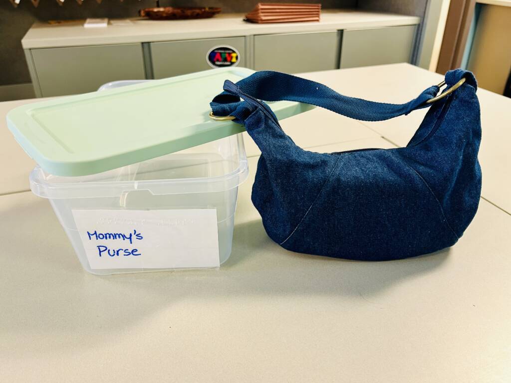 Purse on a table with a plastic container next to it labeled "Mommy's purse".