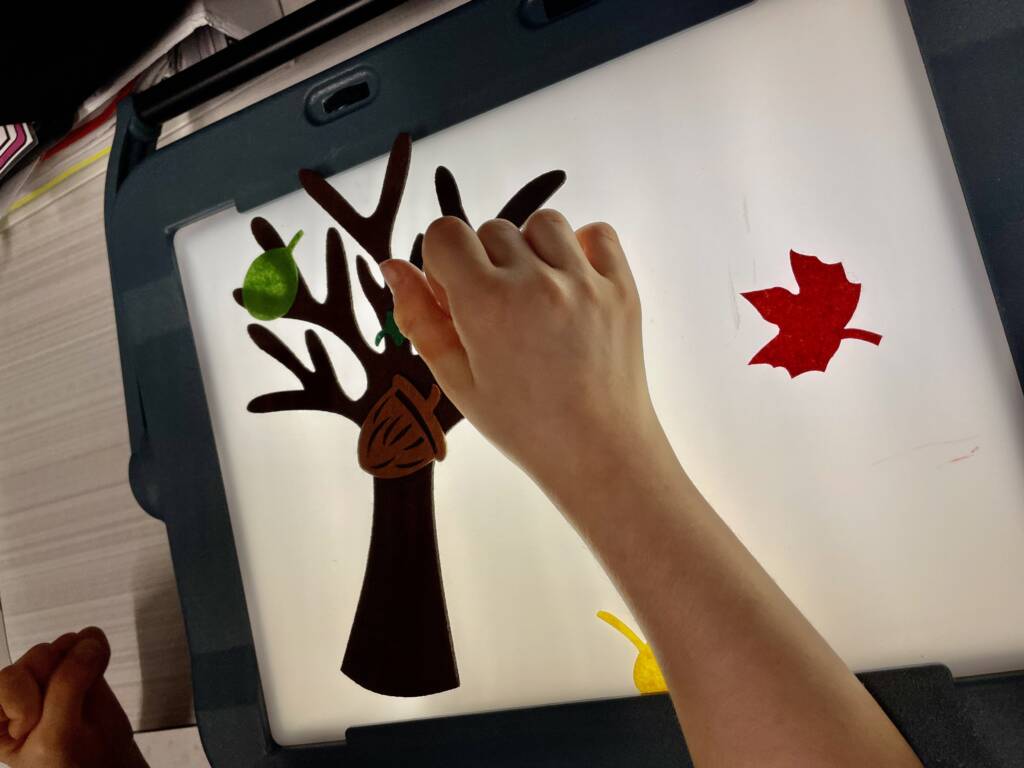  Assembling a felt tree on a lightbox.