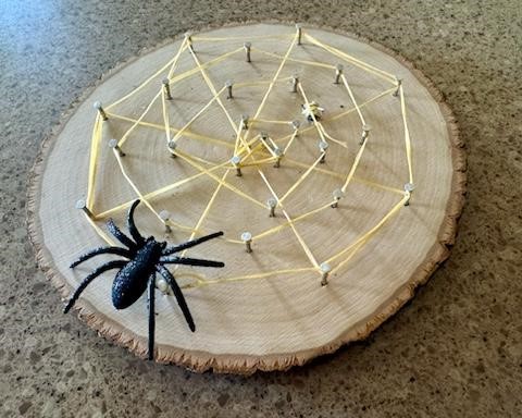 Completed activity of a round wood piece with a plastic spider, nails, holding a string web