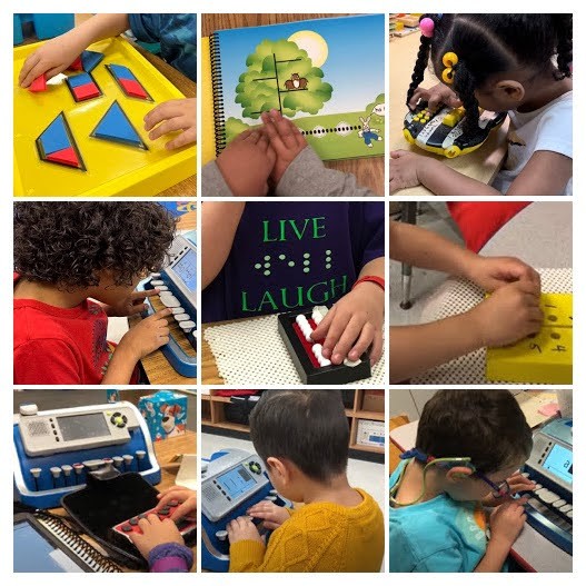 Collage of photos with young students exploring tactile materials including braille. 